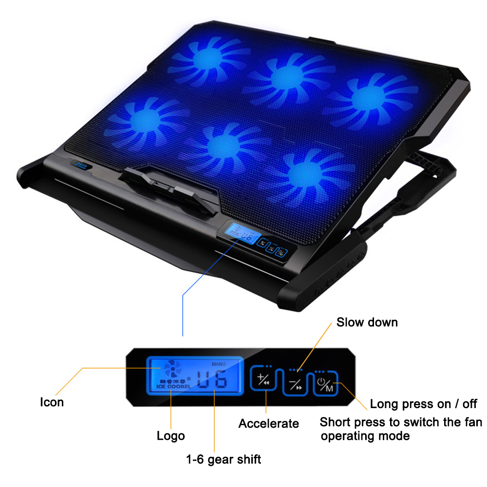 Laptop Cooler 2 USB Ports and Six LED cooling Fan laptop cooling pad Notebook Stand With Light LCD Display for 12-17 inch Laptop