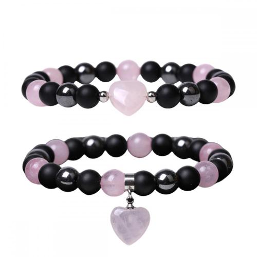 2 Pc a Set Gemstone Round Beads With Heart Charm Bracelets Black Matte Onyx Stone Stretch Bracelet Natural Stone Crystal Bangle