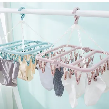 32 Clips Foldable Clothes Drying Rack Windproof Laundry Dryer Laundry Hanger Sock Holder Clothespin Socks Underwear Home Hangers