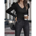 Women V Neck Knitted Puff Sleeve Sweater