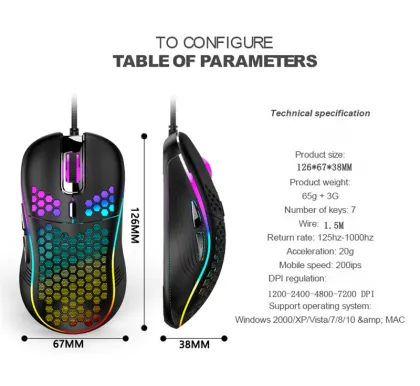 Lightweight USB Wired RGB Gaming Office Ergonomic Mouse 7200DPI Honeycomb Shell