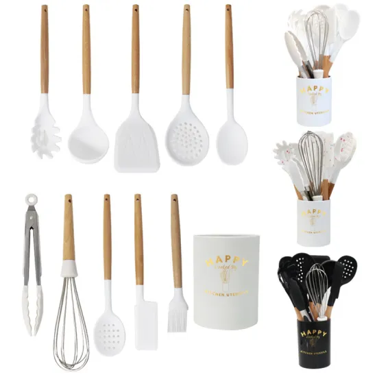 Wholesale High-Quality Silicone Kitchen Utensils Set with Wooden Handles: 10pcs White Kitchenware in Storage Bucket