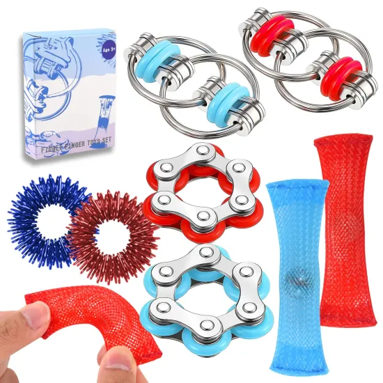 Stress Relief and Sensory Stimulation: Comprehensive Kit of Anti-Stress Flippy Roller, Bike Chain Acupressure Rings, Marble Mesh, and Fidget Toys for Hand Training