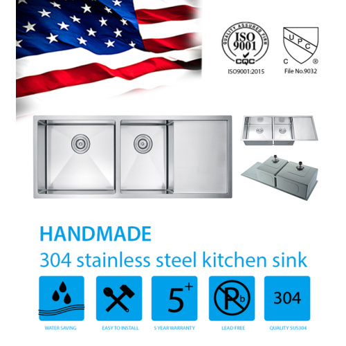 SUS304 Kċina Double Bowl Sink bi Drainboard