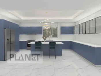 Minimalist Design Blue Open Kitchen Cabinets With Island