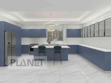 Minimalist Design Blue Open Kitchen Cabinets With Island