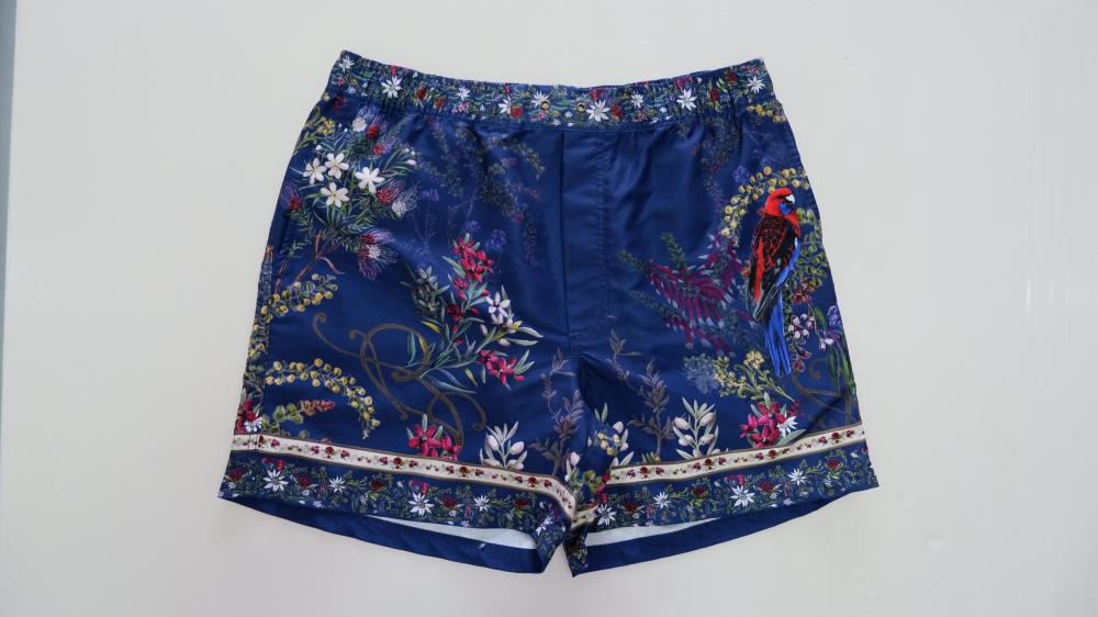 Navy blue men's beach shorts in vintage print
