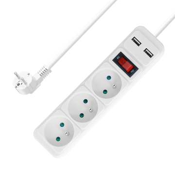 Factory Direct French Standard Extension Socket with 3 Outlets and 2 USB, White Power Strip