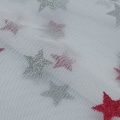 Tessuto a rete in poliestere con glitter rosso argento stella