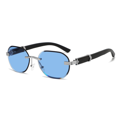 Oval Rimless Metal Wooden Sunglasses