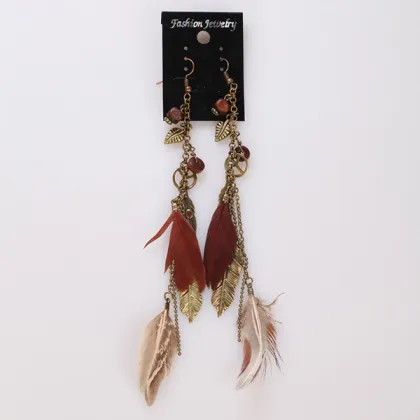 Long Feather Earrings With Peace Charms Pendant Earrings