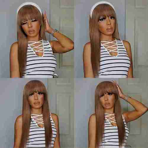 Chocolate Brown Straight Human Hair Wigs with Bangs