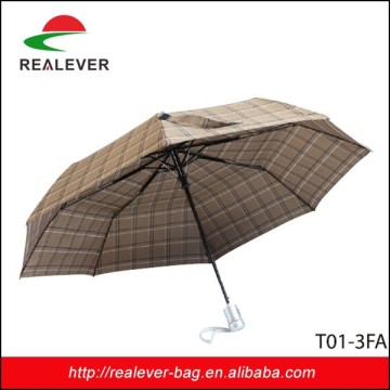 21" *8K Brown plaid 190T pongee metal and fiber glass three fold auto open umbrella
