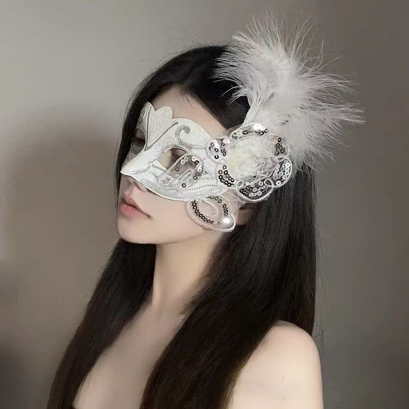 White Feather Lace Venetian Masquerade Mask