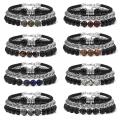 3Pcs a Set 8mm Gemstone Round Beads Bracelet Stainless Steel Bracelet Leather Cord Bracelet for Men Women