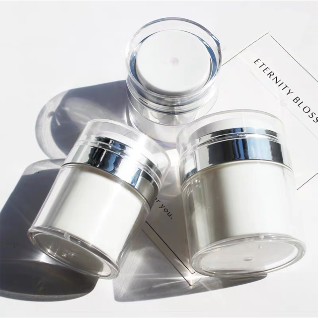 Silver acrylic cosmetic plastic packaging airless press jar