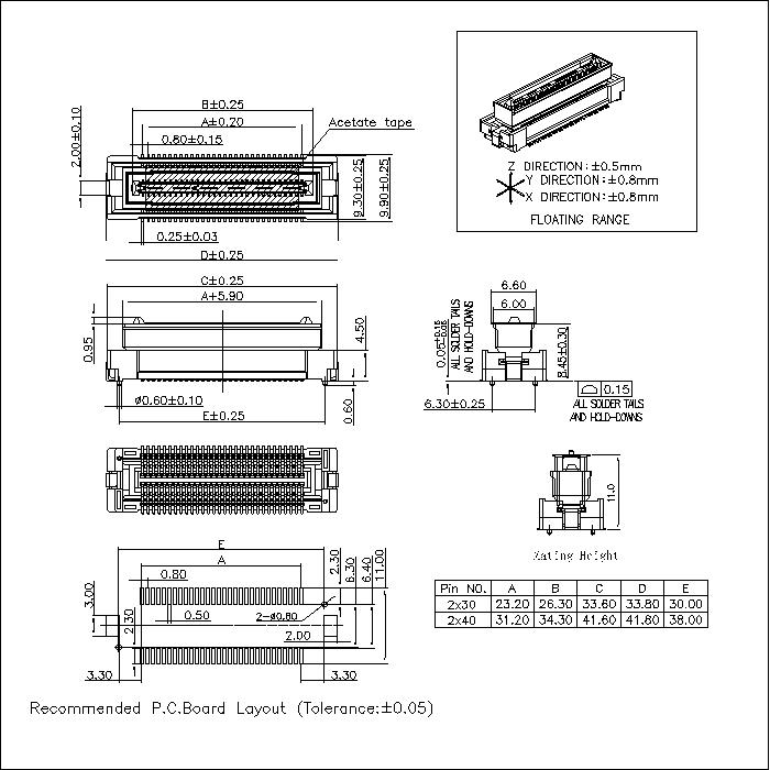 BBF0.8M-XXXX05 0.8MM Floating Board to Board Female Socket Connector With Post Mating Height 11.0MM