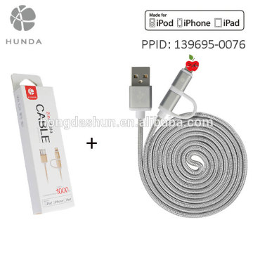 High Quality 2 in 1 Cellphones Nylon Waved C48 Connector MFI Cable as Original