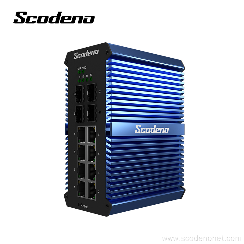 Scodeno Layer2 4 GIGABIT SFP 4GX 8 GT Managed Din Rail Network Solution surveillance IP50 with POE industrial Ethernet Switch