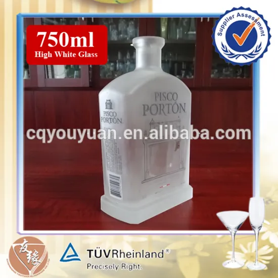 Hot selling cork lid flat square customized pisco white empty frosted glass bottle 750ml