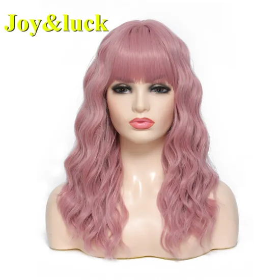 18inch Medium Length Wholesale Pink Color Women's Wig With Bangs Finger Wave Natural Water Wave Cosplay Costume Synthetic Wigs