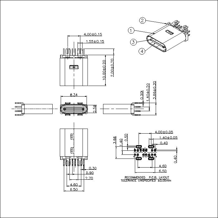 U3.1FS07-SLXXX USB3.1 TYPE C 2.0 Female 14P, Vertical Through Hole