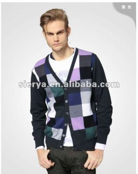 men's cotton check knitting cardigan sweater