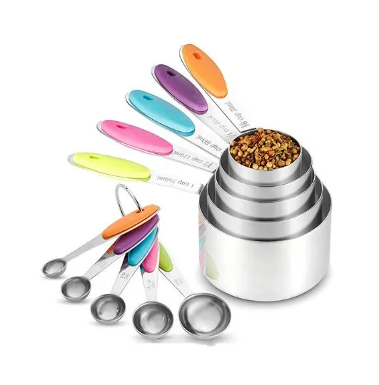 Stainless Steel Measuring Spoon & Cup Set with Silicone Handles - 10 Piece Kit