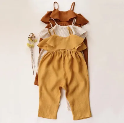 Summer Children's Cotton and Linen Ruffled Jumpsuits for Baby Girls: Flutter Linen Bubble Rompers & Sling Jumpsuits