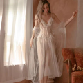 Renda Seksi Transparan Tepi Tidur Slip Slip Nightdress Robe Set Seksi Pakaian Dalam