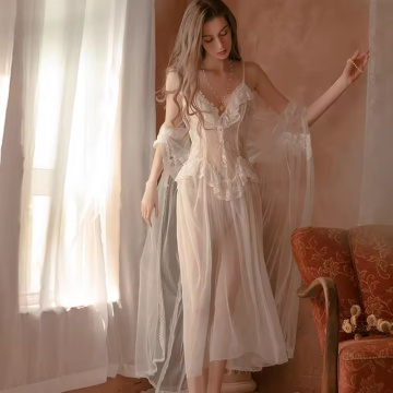 섹시 레이스 투명한 나이트 드레스 끈 슬립 나이트 드레스 로브 세트 섹시한 속옷