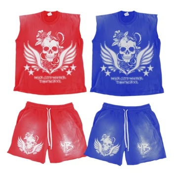 Custom Logo Distressed Acid Wash Raw Hem Sleeveless Short Tank Top and Shorts Sets for Men