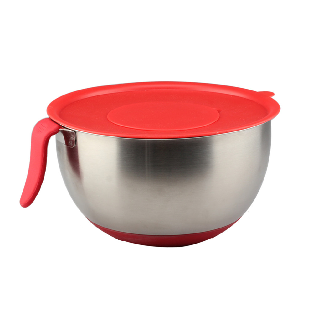 Red Silicone Base Handle Lid Mixing Bowl