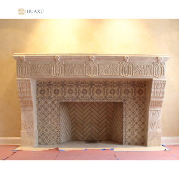 Huaxu Outdoor Garden Hiasan Batu Semulajadi Mantel Beige Durango Tangan Craved Marble Fireplace