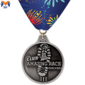 Custom silver metal race medals and ribbons