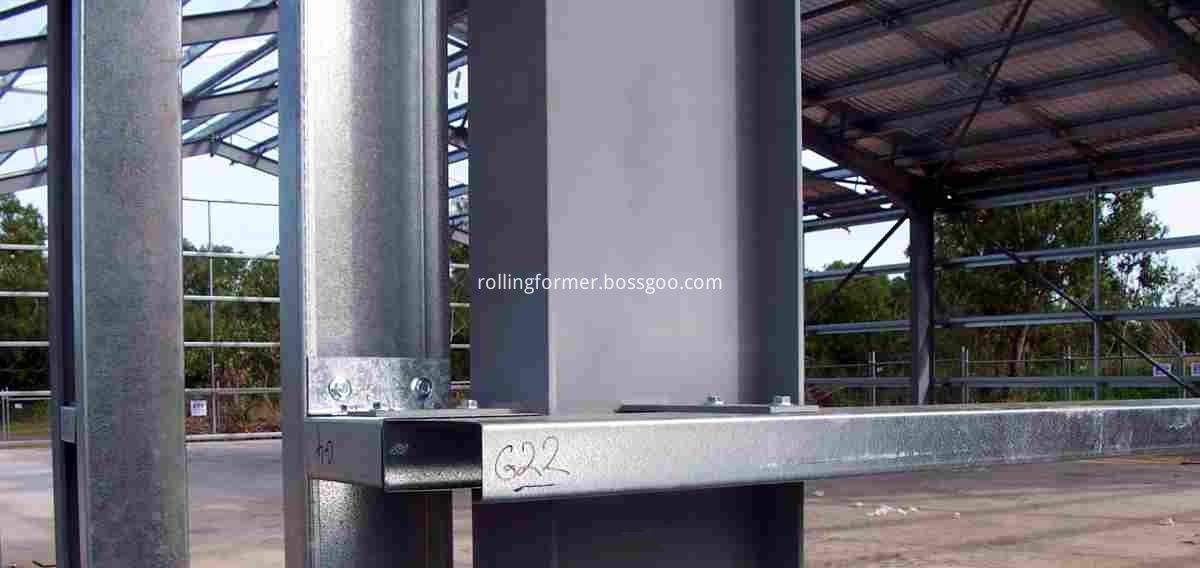 Channel or C section girts bolted to plate cleats welded to a portal column in an industrial building.