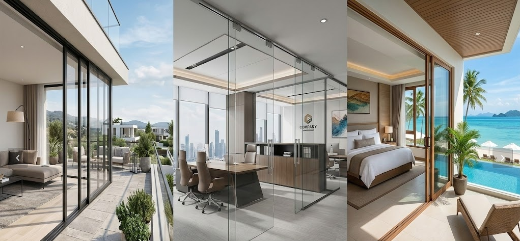 Patio zabaletarako beirazko ate irristagarriak pilatzeko panel anitzeko sistema