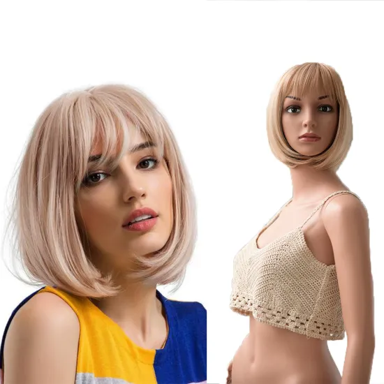 Hot Selling Ombre Ash Blonde Color Machine Made Short Bob Wigs With Bangs For Black Women Daily Use Heat Resistant Synthetic Wig