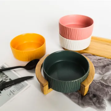 New design salad fruit bowl 4 colors matte porcelain bowls ceramic bowl set with wooden holder 6inch