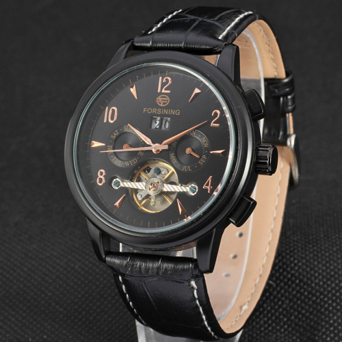 Leather band mens automatic mechanical date watch