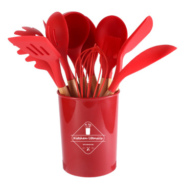 11-Piece Silicone Kitchen Utensil Set with Reusable Wooden Handle Cooking Spoon