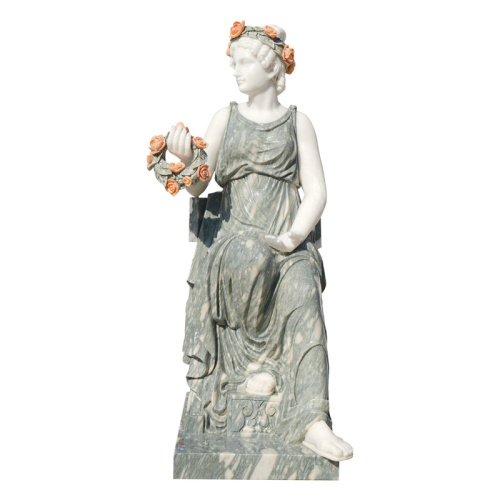 Marble Seated Goddess Statue with Floral Rose Decor