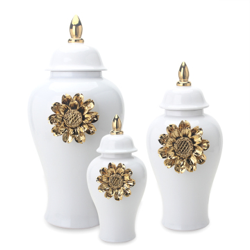Luxury J225 Ceramic Ginger Jar Set with Gold Flower Design - White Lid, Big Home Decor Vase