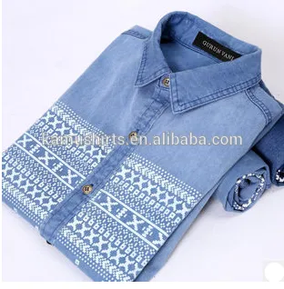 Men's Printed Denim Shirts Short Sleeve Denim Shirt For Men Washed Denim Casual Shirt