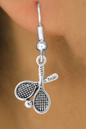 Lead, Cadmium, & Nickle Free Two Tennis Rackets And Tennis Ball Charm Earring