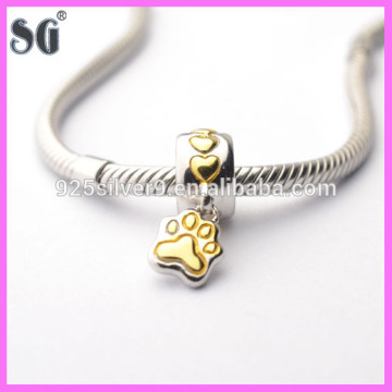 Authentic 925 Sterling Silver Loving Heart charm bead with gold Cat's paw Fits European style Bracelet Snake Chain