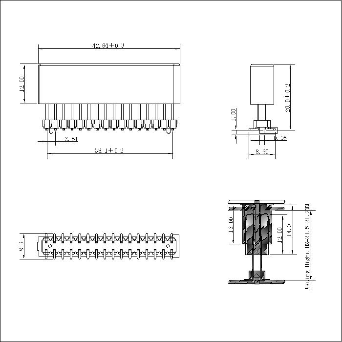 BB2.54F-H2XXG0B02 2.54mm 2NP FEMALE Board to Board Connector Mating 21.5-21.7mm L=20.7mm