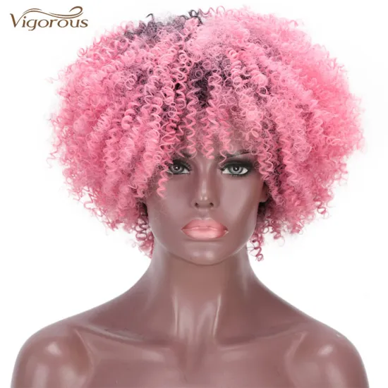 Vigorous Hair Short Curly Wigs for African American Women Pink Cosplay Party Halloween Wig Afro Hair Synthetic Wig With Bangs