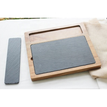 Natural Black Slate Dish Plate Rack with Wooden Tray - Square Shape