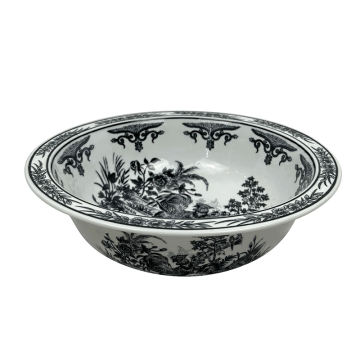 Chinese Vintage Black and White Porcelain Plate with Floral and Bird Design